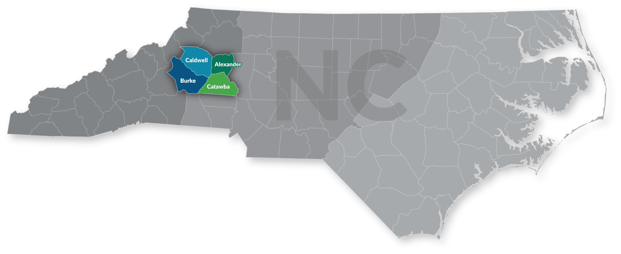 Map of NC with Catawba, Burke, Alexander, and Caldwell highlighted.